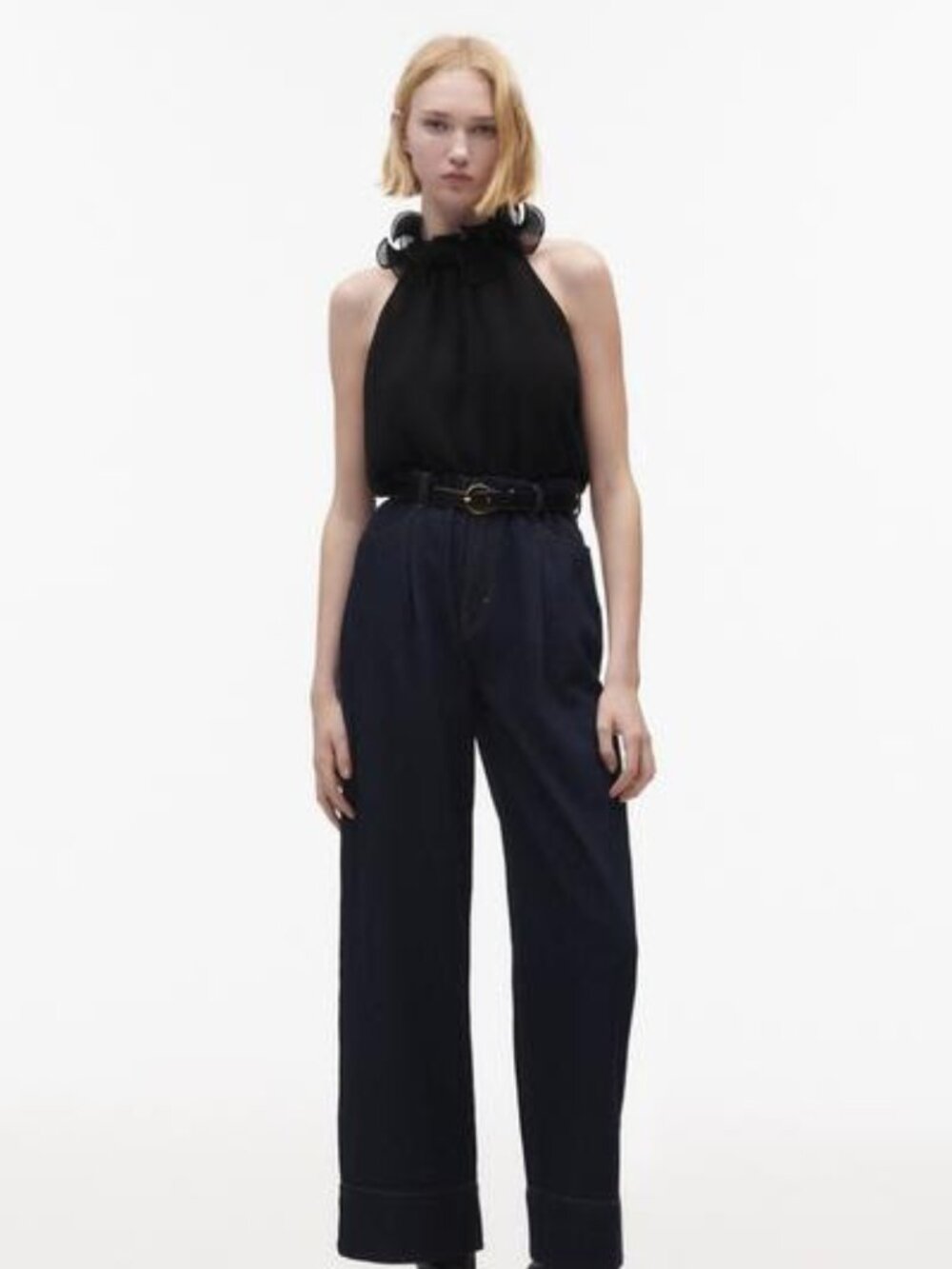 Zara Black Ruffled High Neck Sleeveless Top Size M NWT